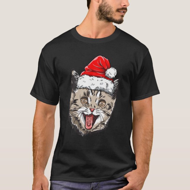 Camiseta Cat Natal Santa Hat Xmas Boys Garotas Meowls (Frente)
