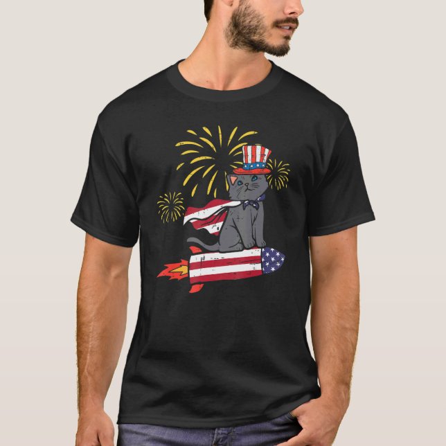 Camiseta Cat On Us Flag Rocket Cute 4 de julho Homens Patri (Frente)