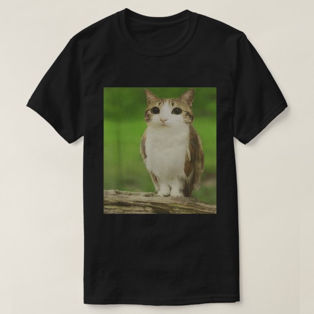 Camiseta Cat Owl Meme | Design híbrido animal amaldiçoado (Frente do Design)