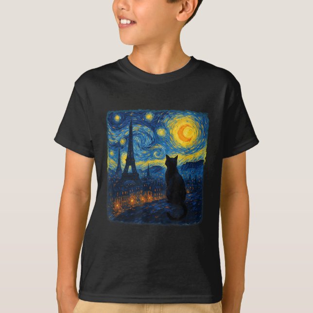 Camiseta Cat Paris Eiffel Tower Starry Night Van Gogh Inspi (Frente)