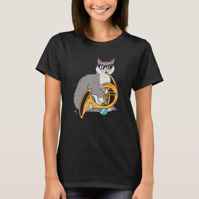 Camiseta Cat Playing French Horn Playing Music Black Glasse (Frente)