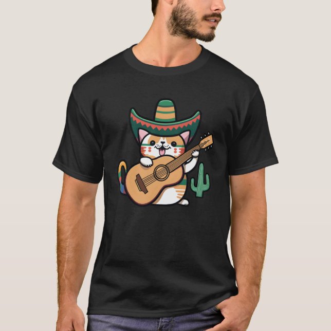 Camiseta Cat Playing Guitar Cinco De Mayo Cat Sombrero Mexi (Frente)