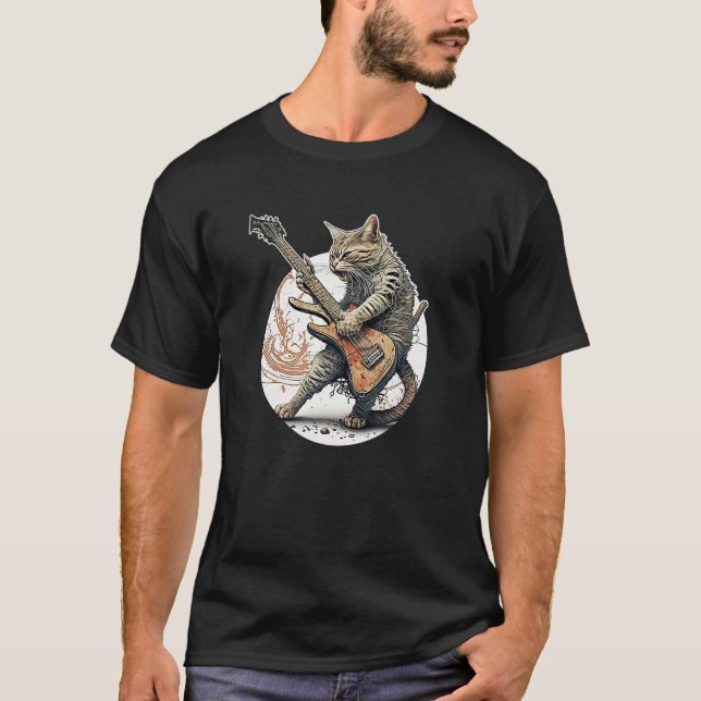 Camiseta Cat Playing Guitar Rock Cat Heavy Metal Cat Music  (Frente)