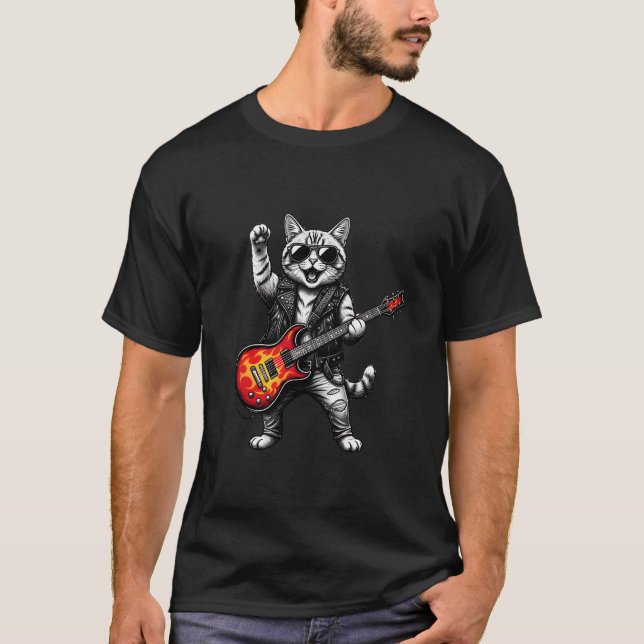 Camiseta Cat Playing Guitar Rock Star Rock and Roll men (Frente)