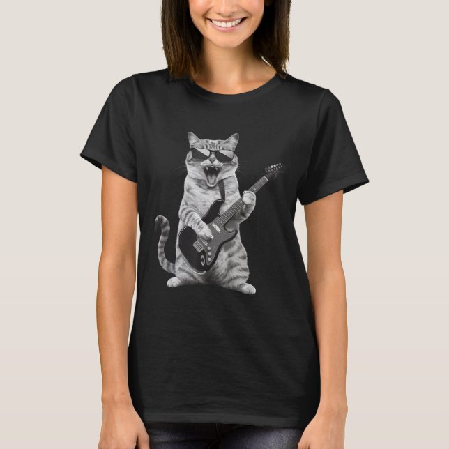Camiseta Cat Playing Guitar Rock Star Rock And Roll Men Wom (Frente)