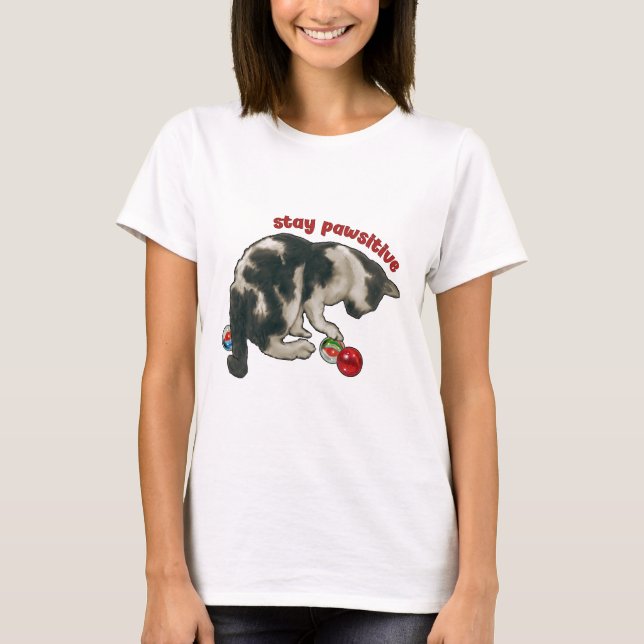 Camiseta Cat Playing with MARBLES, Stay Pawsitive, Pun (Frente)