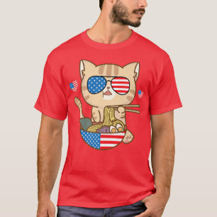 Camiseta Cat Ramen American Anime Flag 4 De Julho Funny Pa