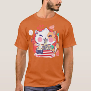 Camiseta Cat Ramen American Anime Flag 4 De Julho Funny Pa