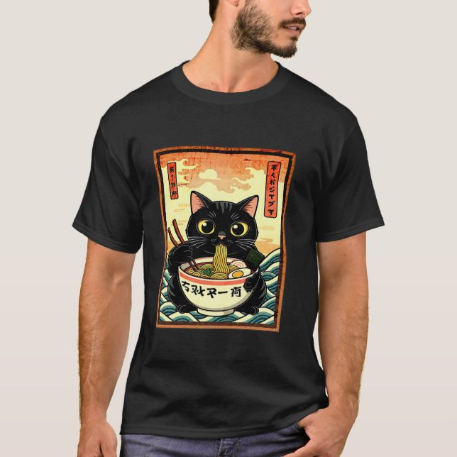 Camiseta Cat Ramen Japonês Engraçado Gráfico Kawaii (Frente)