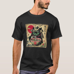 Camiseta Cat Ramen Japonês Engraçado Samurai Kawaii