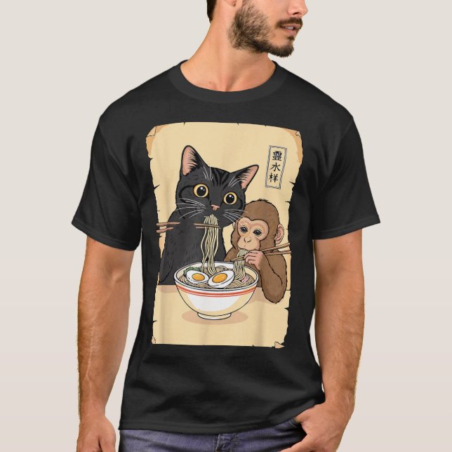 Camiseta Cat Ramen Monkey Shirt Funny Cat Monkey Eating Ram (Frente)