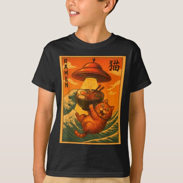 Camiseta Cat Ramen Ufo Funny Japanese Anime Men Women Teens (Frente)