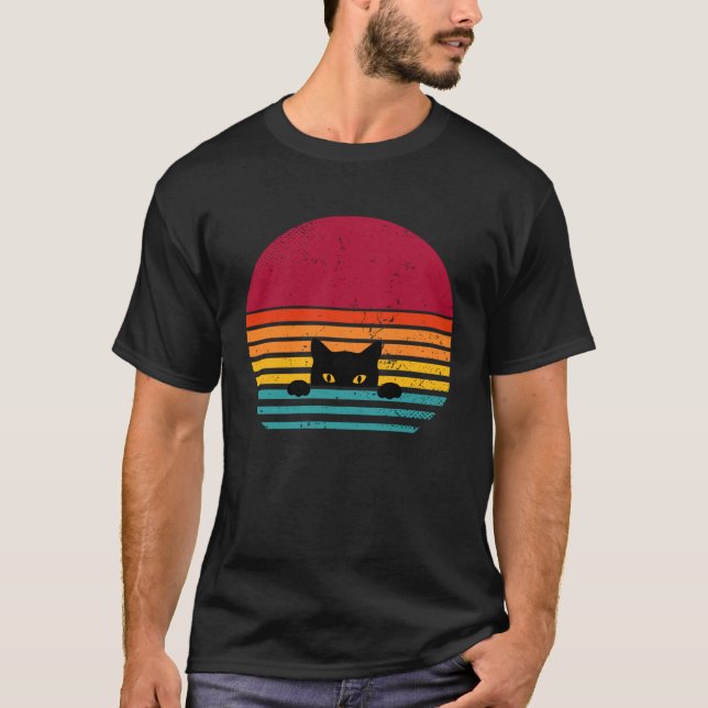 Camiseta Cat retro vintage sunset peeking (Frente)