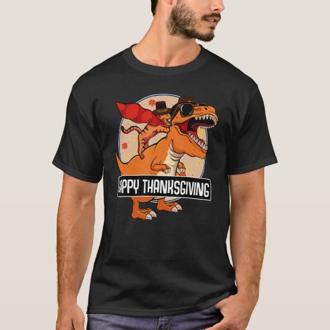 Camiseta Cat Riding Dinosaur Happy Thanksgiving Day Cute re (Frente)
