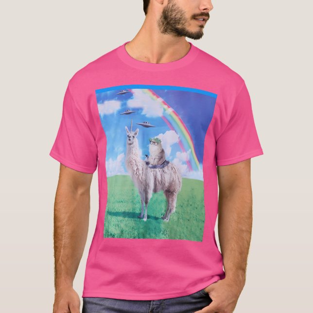Camiseta Cat Riding Llama Unicorn Rainbow Ufo (Frente)