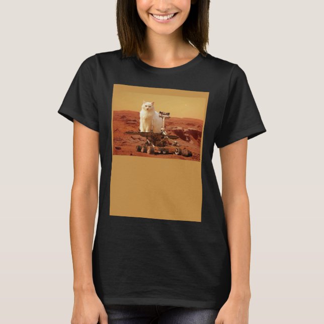 Camiseta Cat Riding Mars Rover em Paisagem Estrangeira (Frente)