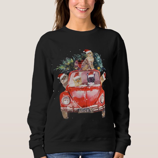 Camiseta Cat Riding Red Truck Árvore de Natal Cat Santa Hat (Frente)