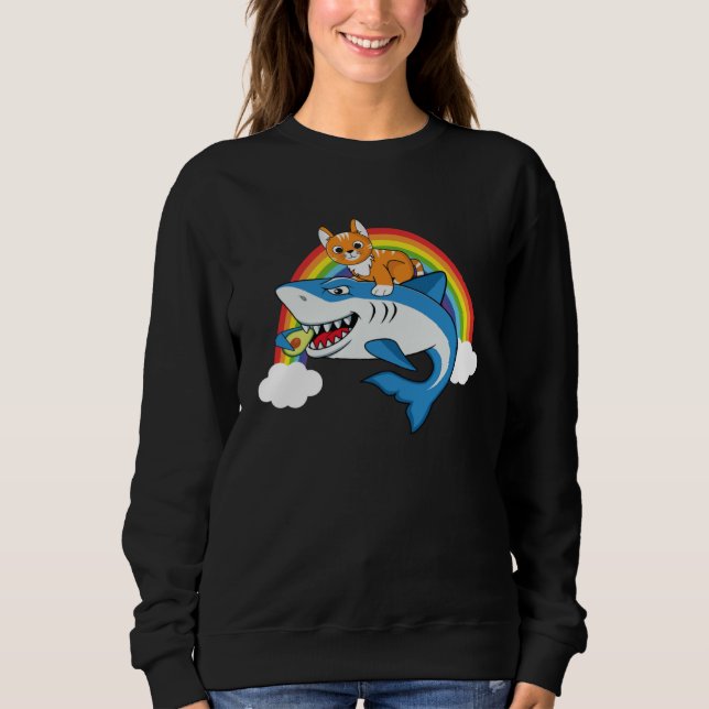 Camiseta Cat Riding Shark Eating Avocado With Rainbow For C (Frente)
