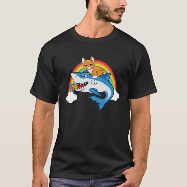 Camiseta Cat Riding Shark Eating Pizza With Rainbow For Piz (Frente)