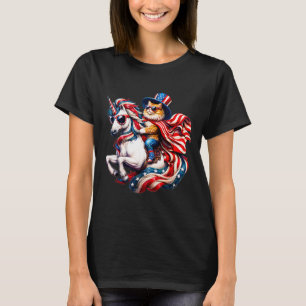 Camiseta Cat Riding Unicorn Usa Flag Patriótico 4º De Julho