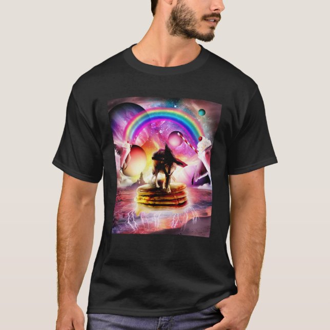 Camiseta Cat Riding Wolf With Pancakes And Milkshake (Frente)