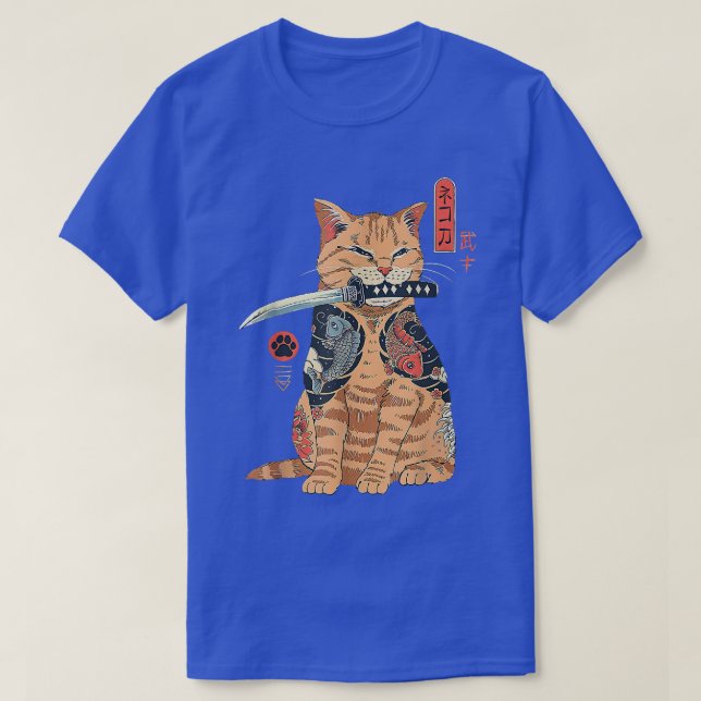 Camiseta Cat Samurai Japonês Samurai Ninja Cat Kawaii Tat (Frente do Design)