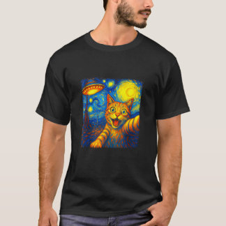 Camiseta Cat Selfie com Alienígena UFO Engraçado Starry Nig