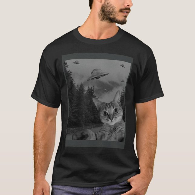 Camiseta Cat Selfie UFO Sighting  Alien Conspiracy Sci Fi L (Frente)
