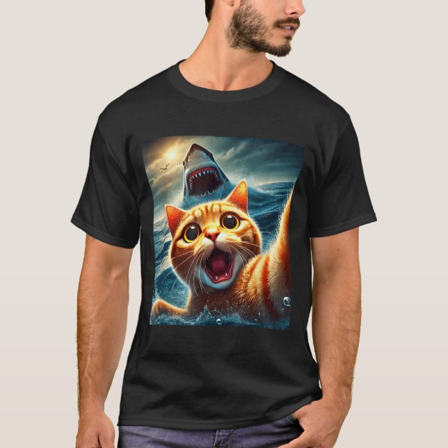 Camiseta Cat Selfie With Shark Funny  (Frente)