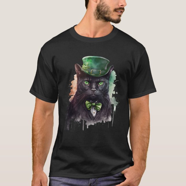 Camiseta Cat  Shamrock St Patrick s Day Leprechaun Hat Blac (Frente)