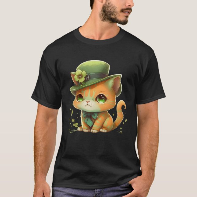 Camiseta Cat Shamrock St Patrick s Day Leprechaun Hat Cute  (Frente)