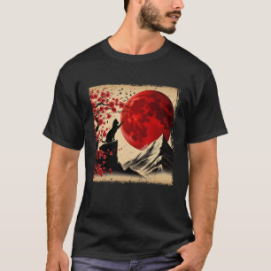 Camiseta Cat Silhouette Cherry Blossomo Red Moon Japonês A