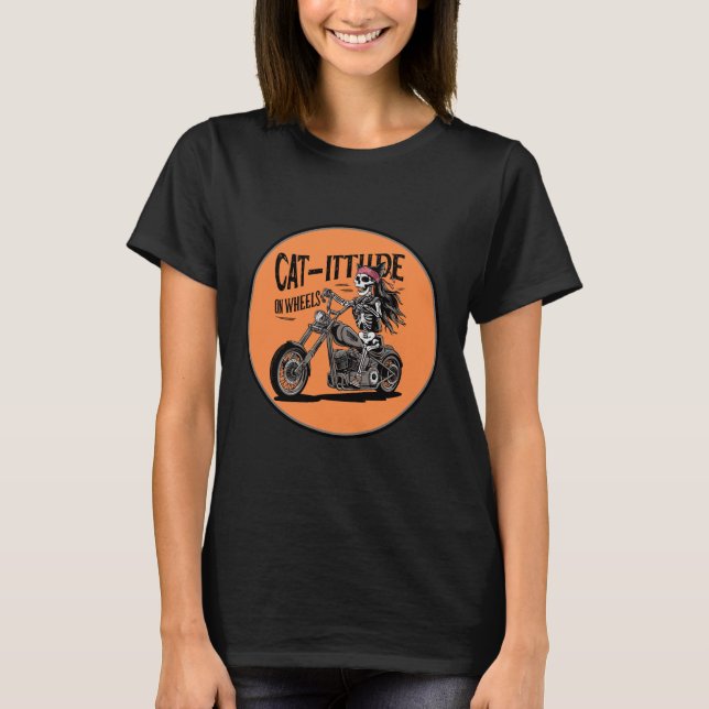 Camiseta Cat Skeleton Andando A Moto Cat-itude em onde (Frente)