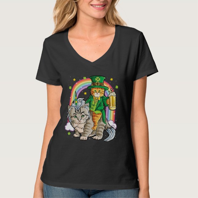 Camiseta Cat St Patricks Day Leprechaun Riding Caticorn Uni (Frente)