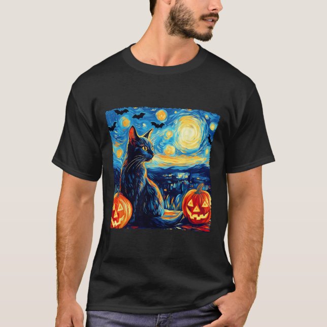 Camiseta Cat Starry Night Van Gogh Cat Bats Pumpkins (Frente)