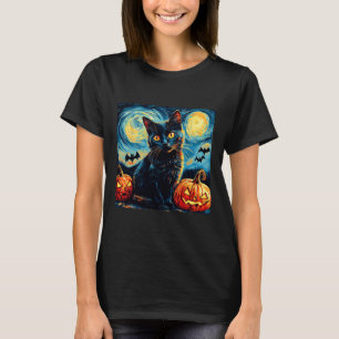 Camiseta Cat Starry Night Van Gogh Cat Lover Pumpkins Bats