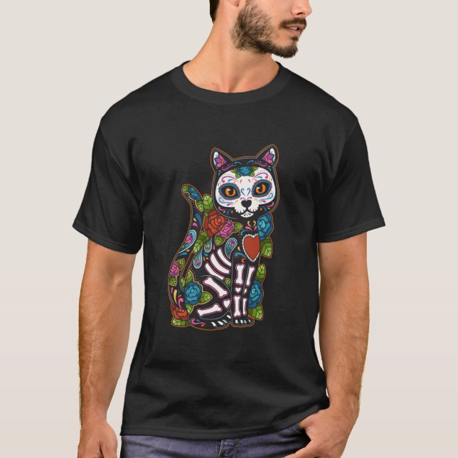 Camiseta Cat Sugar Skull México Calavera Dia De Los Muertos (Frente)