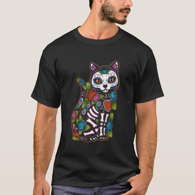 Camiseta Cat Sugar Skull México Calavera Dia De Los Muertos (Frente)