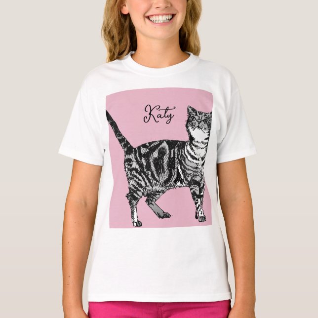 Camiseta Cat Tabby Pastel Cats Girls Rose Pink Pets (Frente)