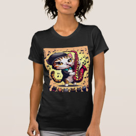 Camiseta Cat tocando música jazz em saxofone