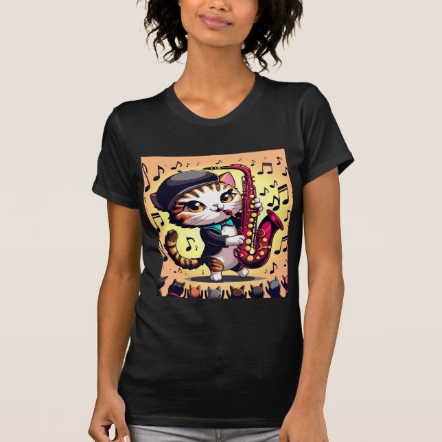 Camiseta Cat tocando música jazz em saxofone (Frente)