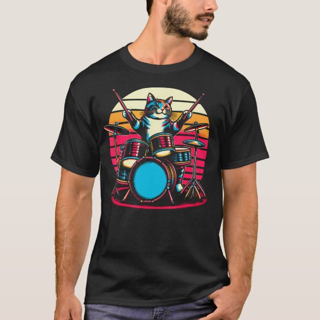 Camiseta Cat Tocando Tambores Drummer Novelty Music Lover F (Frente)