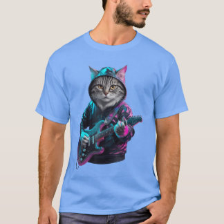 Camiseta Cat Tocando Violão Rock e Roll Rock Para Homens Mu