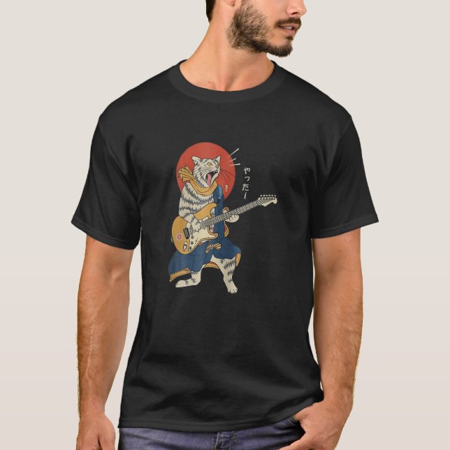 Camiseta Cat tocando violão Ukiyo E Samurai Japonês Warrio (Frente)
