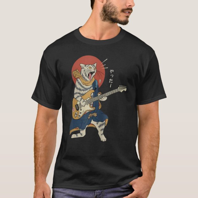Camiseta Cat tocando violão Ukiyo E Samurai Japonês Warrio (Frente)