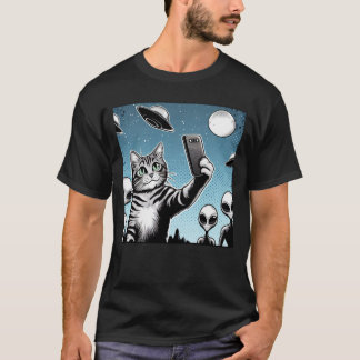 Camiseta Cat UFO Selfie: Green Alien #10