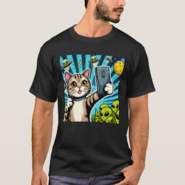 Camiseta Cat UFO Selfie: Green Alien #17