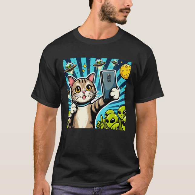 Camiseta Cat UFO Selfie: Green Alien #17 (Frente)