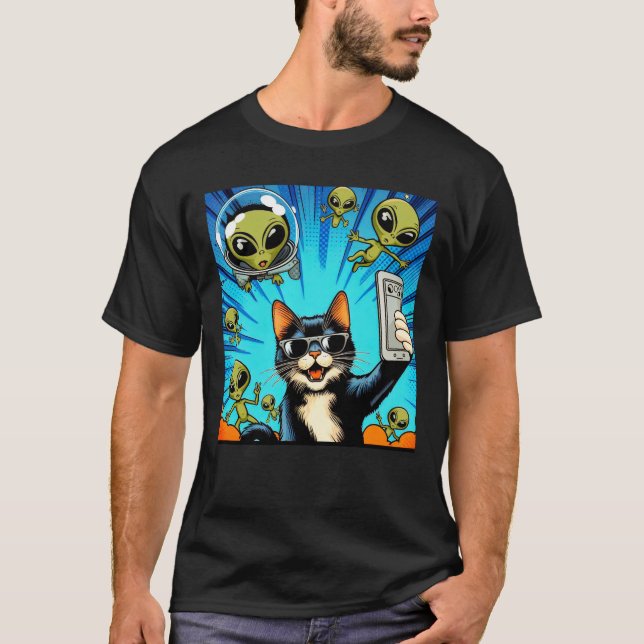 Camiseta Cat UFO Selfie: Green Alien #19 (Frente)