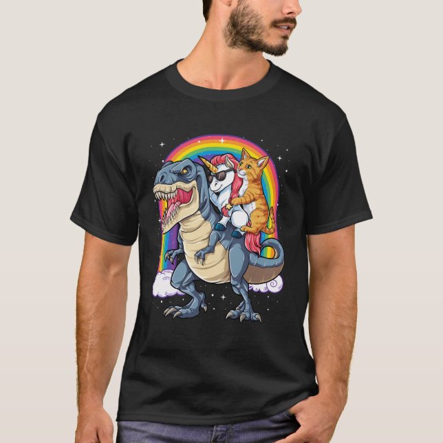 Camiseta Cat Unicorn Andando Dinossauro T Rex Kitten Lover  (Frente)